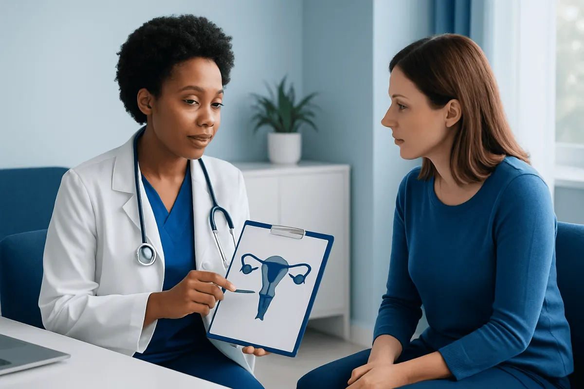 Gynecologist explaining uterine health to patient with diagram.