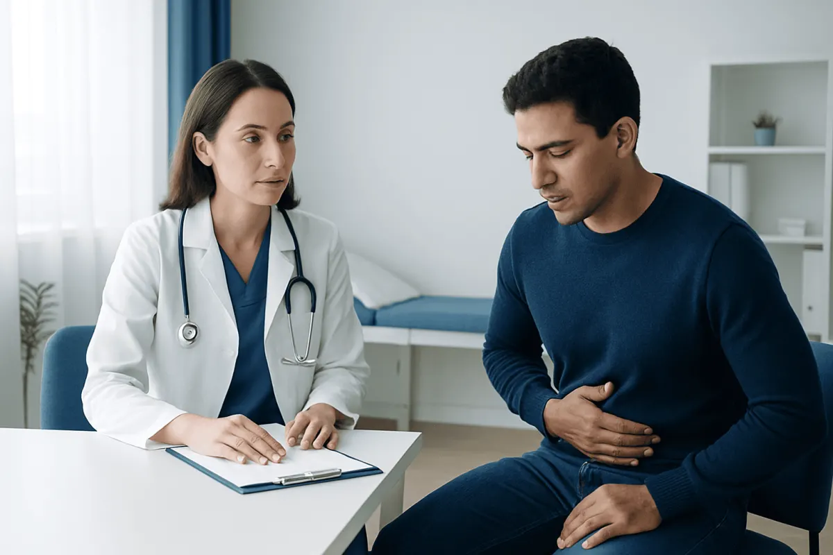 Doctor consulting patient with stomach pain in clinic.