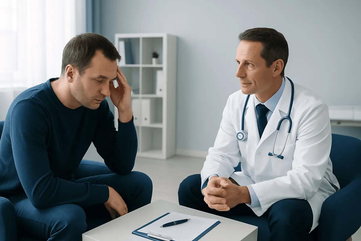 Doctor consulting with a patient about memory issues in a modern clinic.