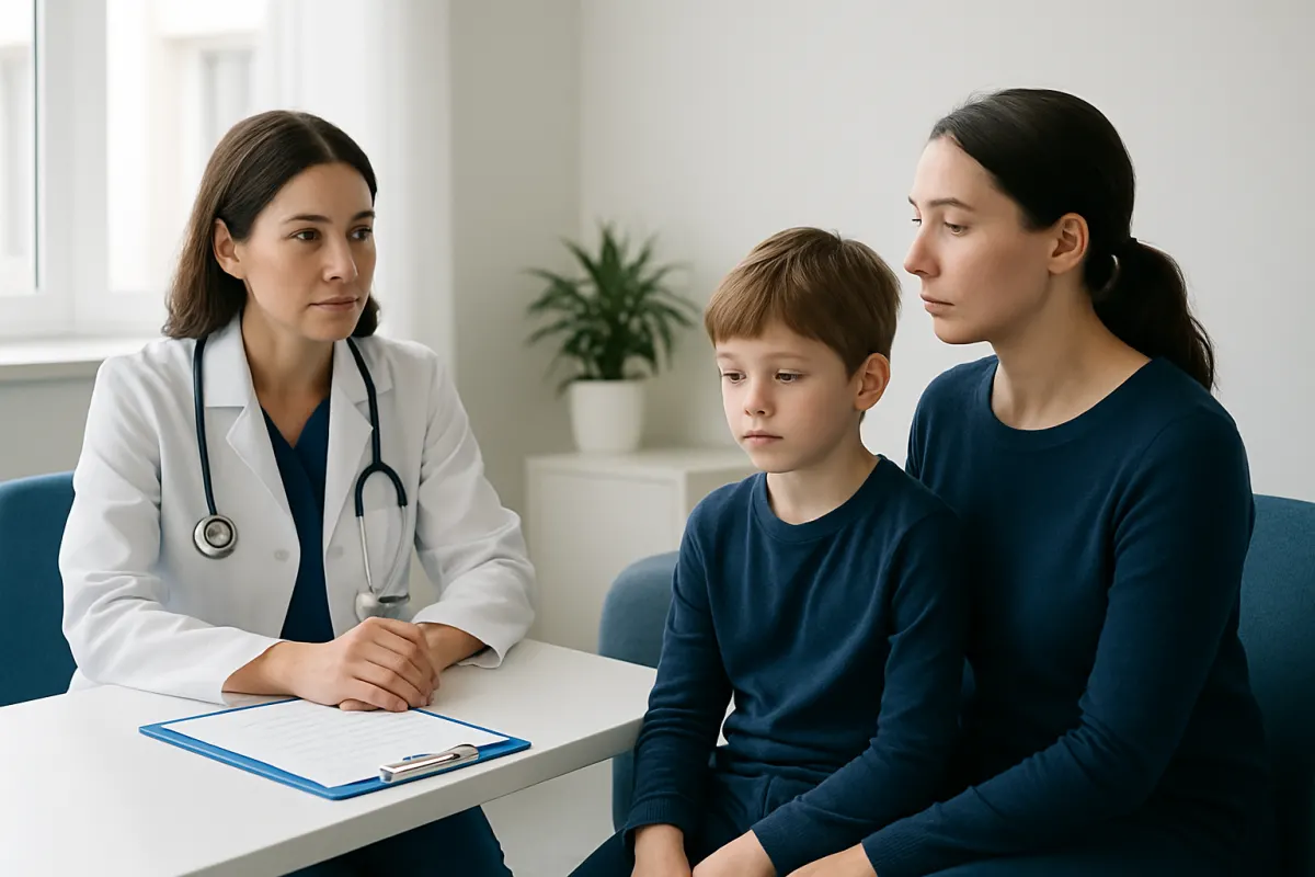 Doctor consulting with mother and child in a medical office.