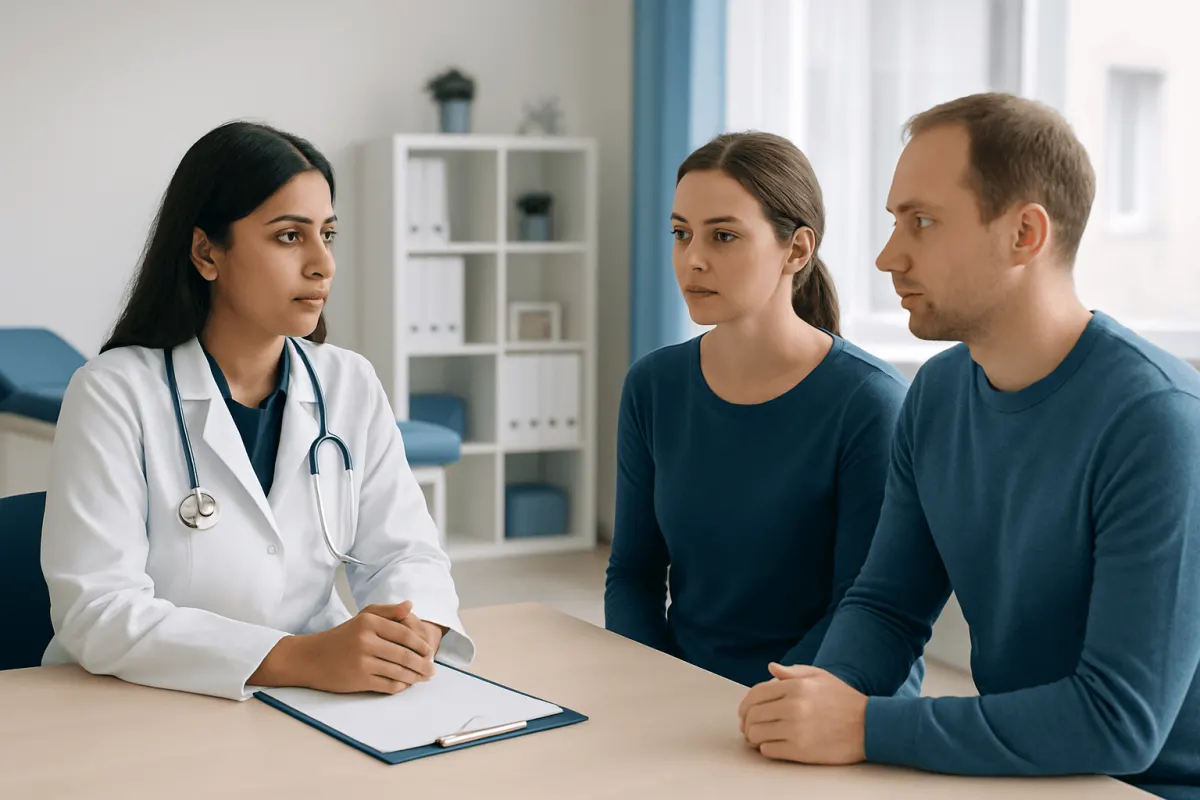 Doctor consulting with a couple in a medical office setting.