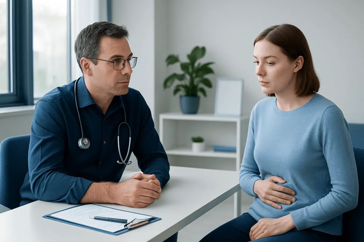 Doctor consulting with a young woman patient in a medical office.
