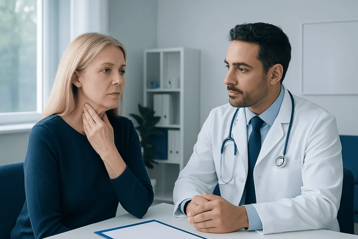 Doctor consulting with a female patient in a medical office.