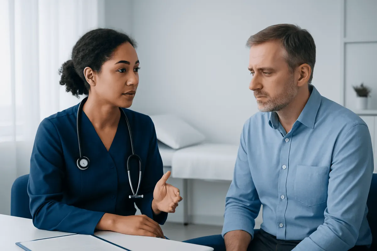Doctor consulting with a patient about perforated septum treatment options.