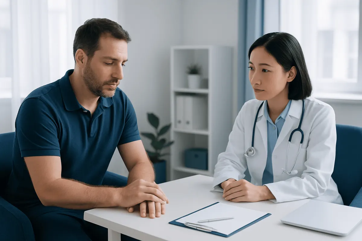 Doctor consulting with male patient in a medical office setting.