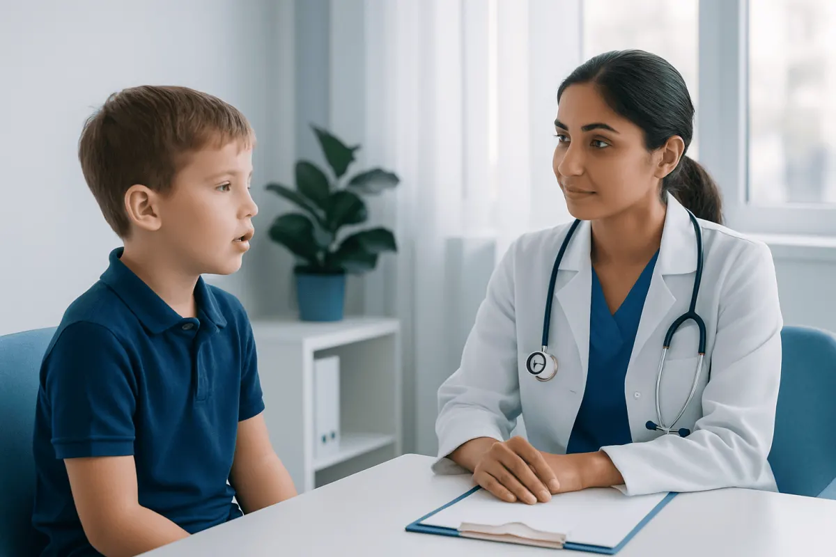 Doctor consulting a young boy about speech disorders in a clinical setting.