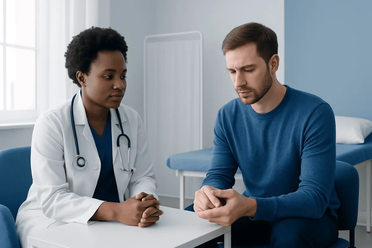 Doctor consulting with a male patient in a hospital room.