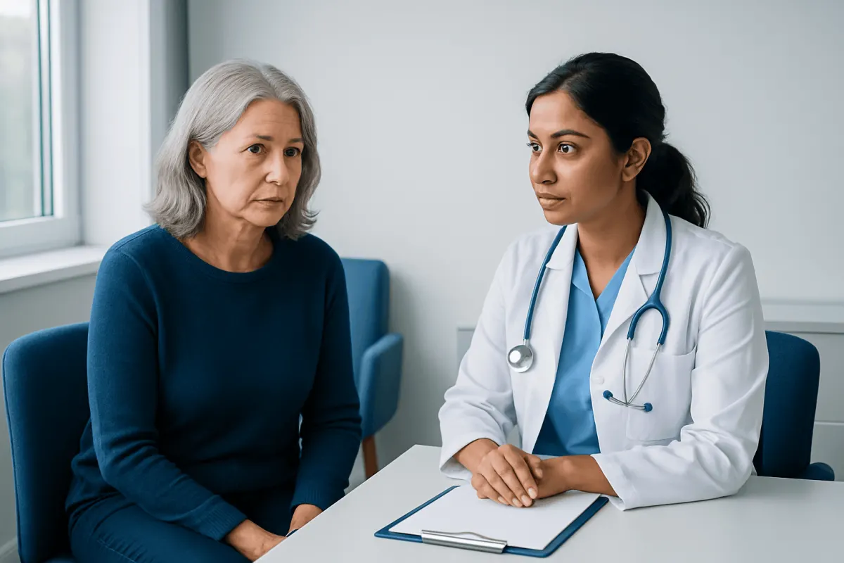 Doctor consulting with an elderly woman in a medical office.