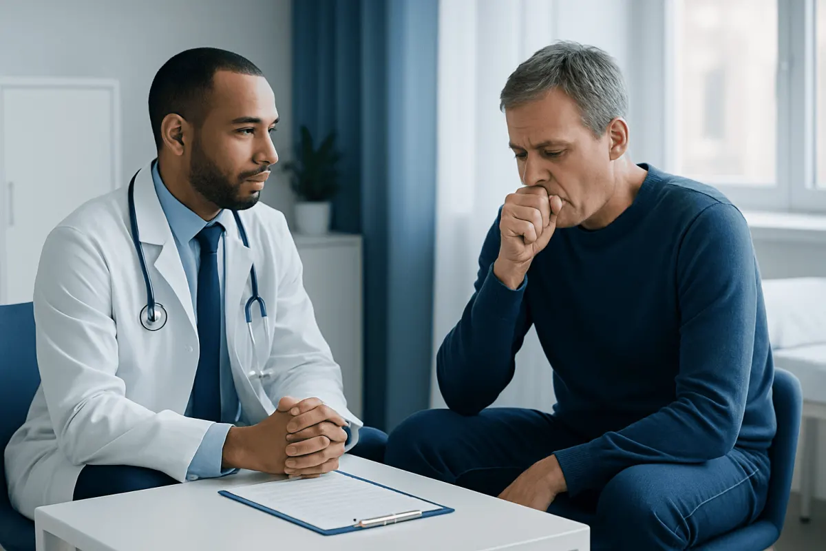 Doctor consulting with a patient about respiratory health in a clinic setting.