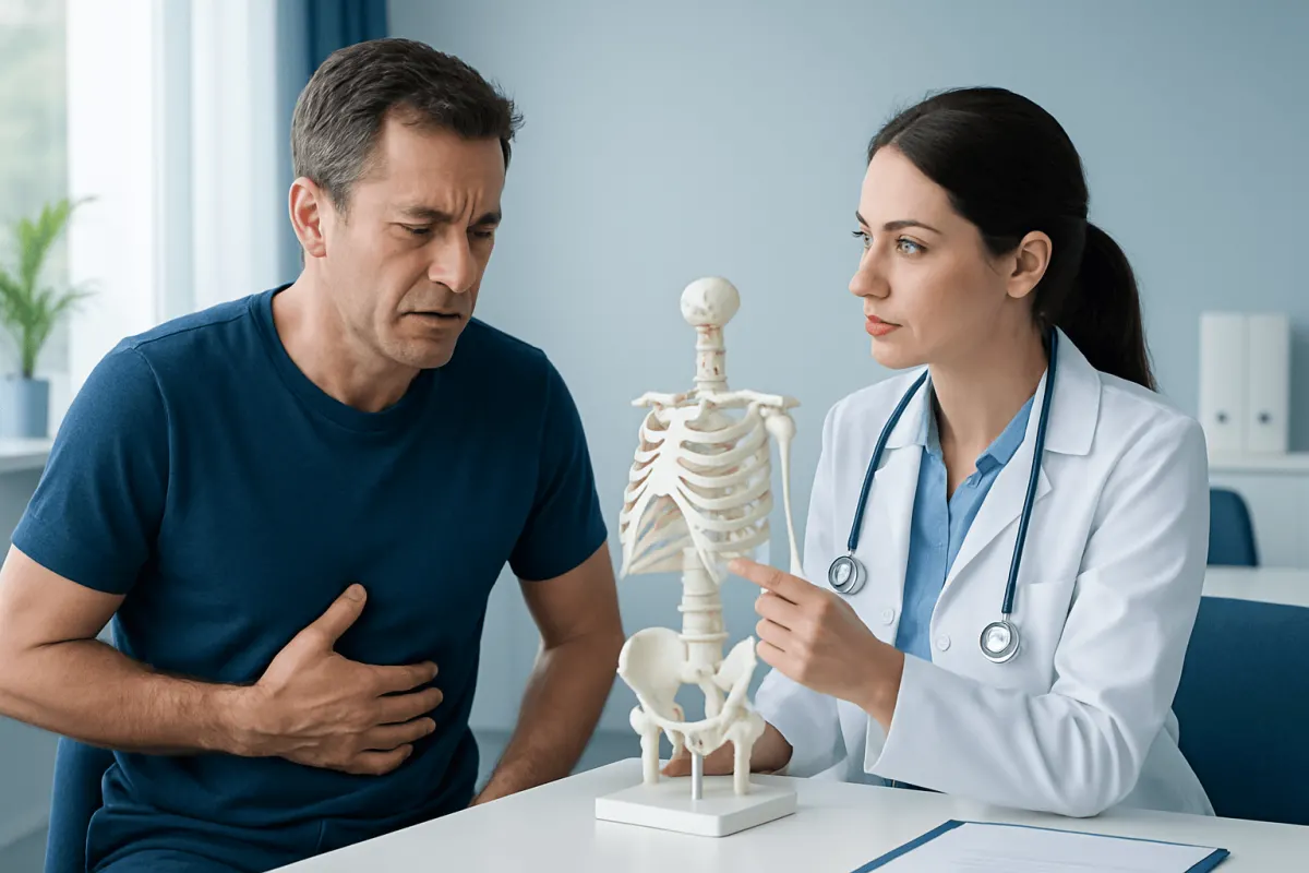 Doctor explaining rib injury to patient with skeleton model in clinic.