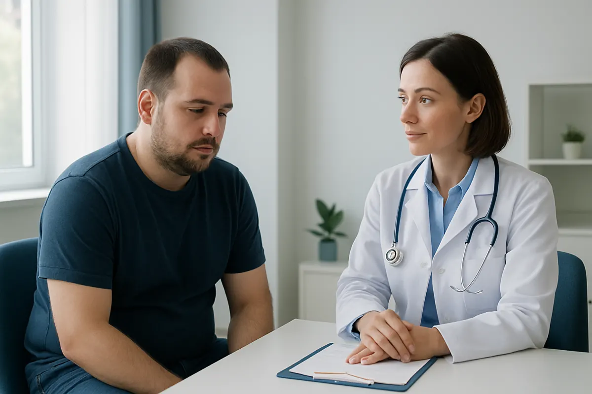 Doctor consulting with male patient in a medical office setting.
