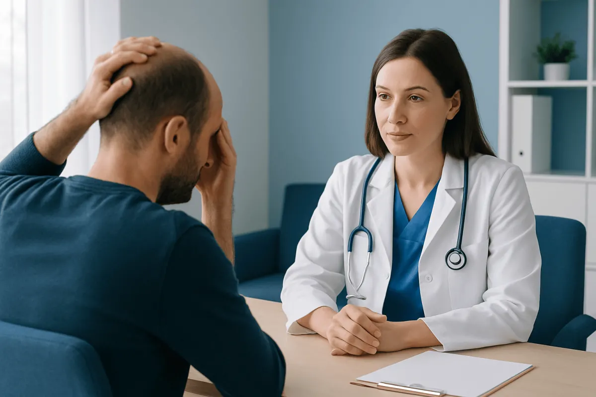 Doctor consulting with patient about hair loss concerns.