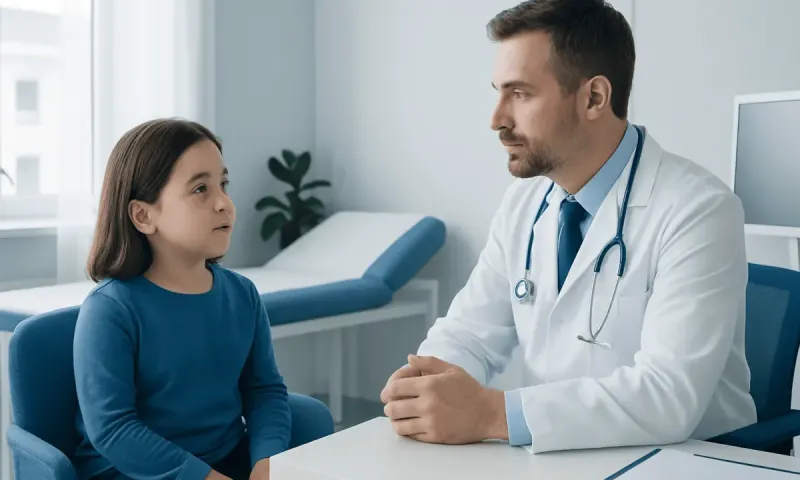 Pediatric doctor consulting young girl in a medical office.