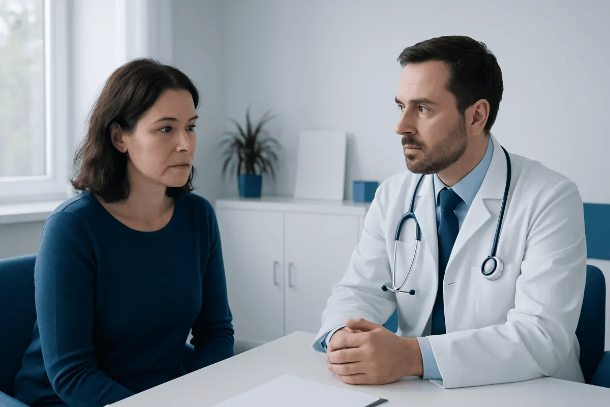 Doctor consulting with a woman patient in a medical office setting.