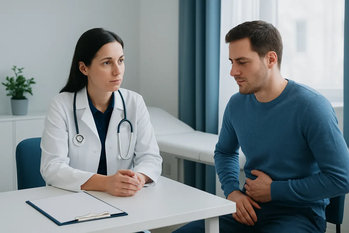 Doctor consulting with patient about ileitis diagnosis and treatment options.