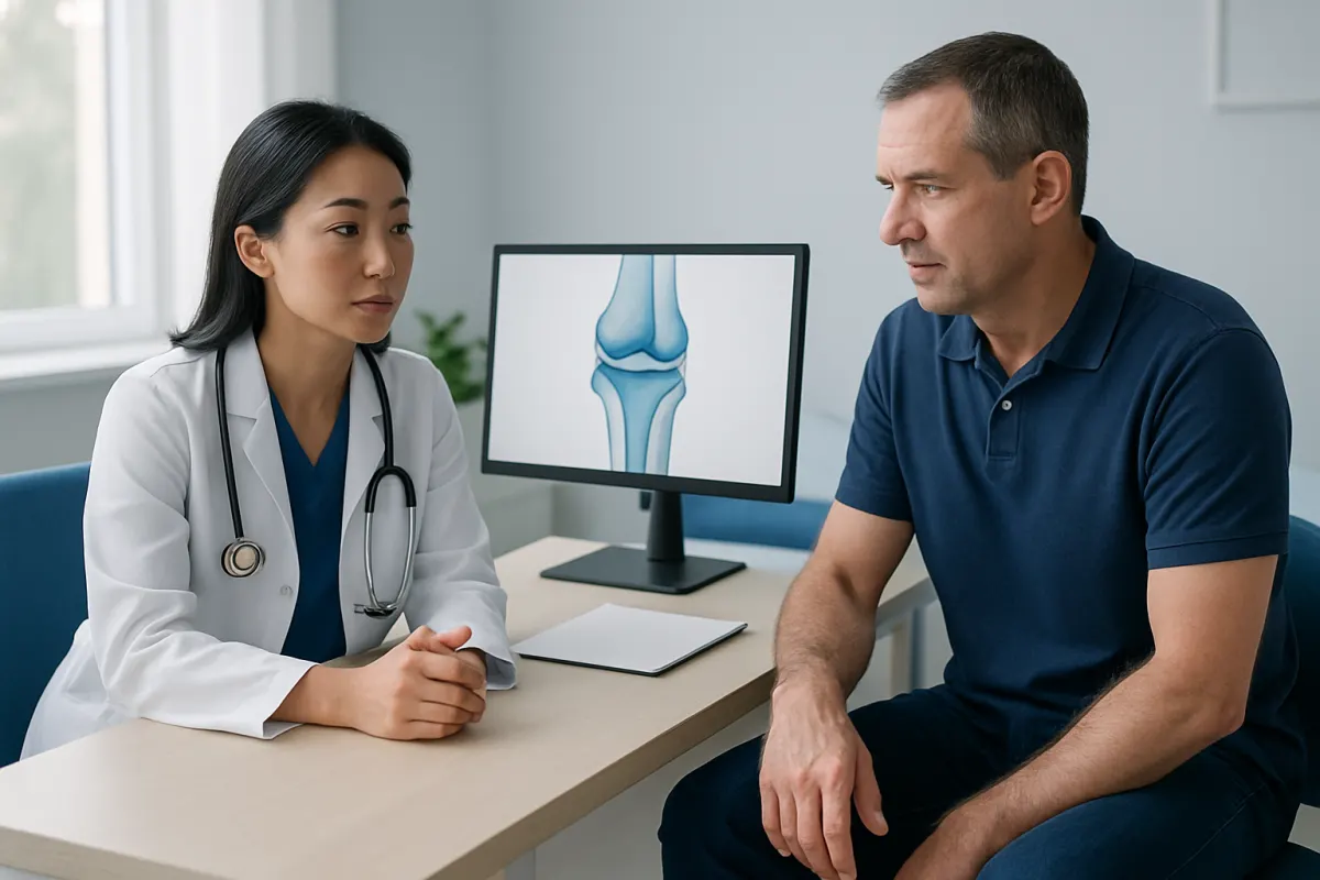 Doctor explaining knee joint issues to patient in a medical consultation room.