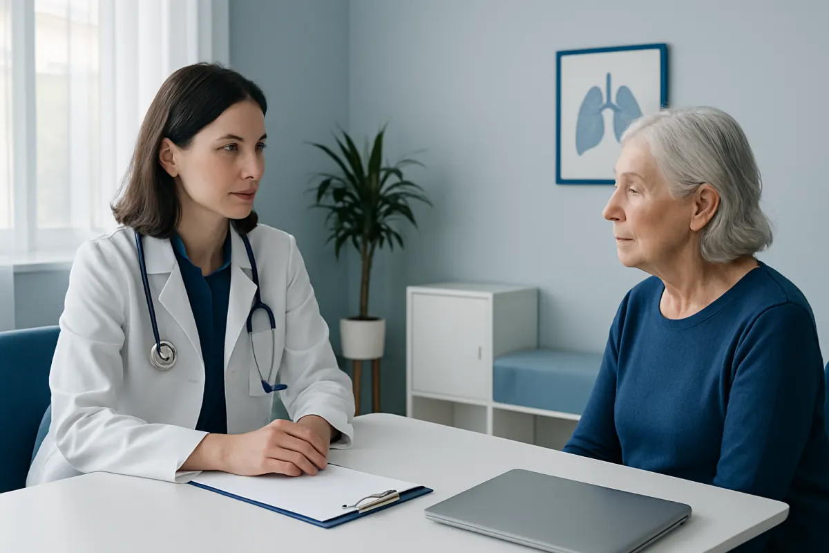 Doctor consulting with elderly patient in a hospital setting.