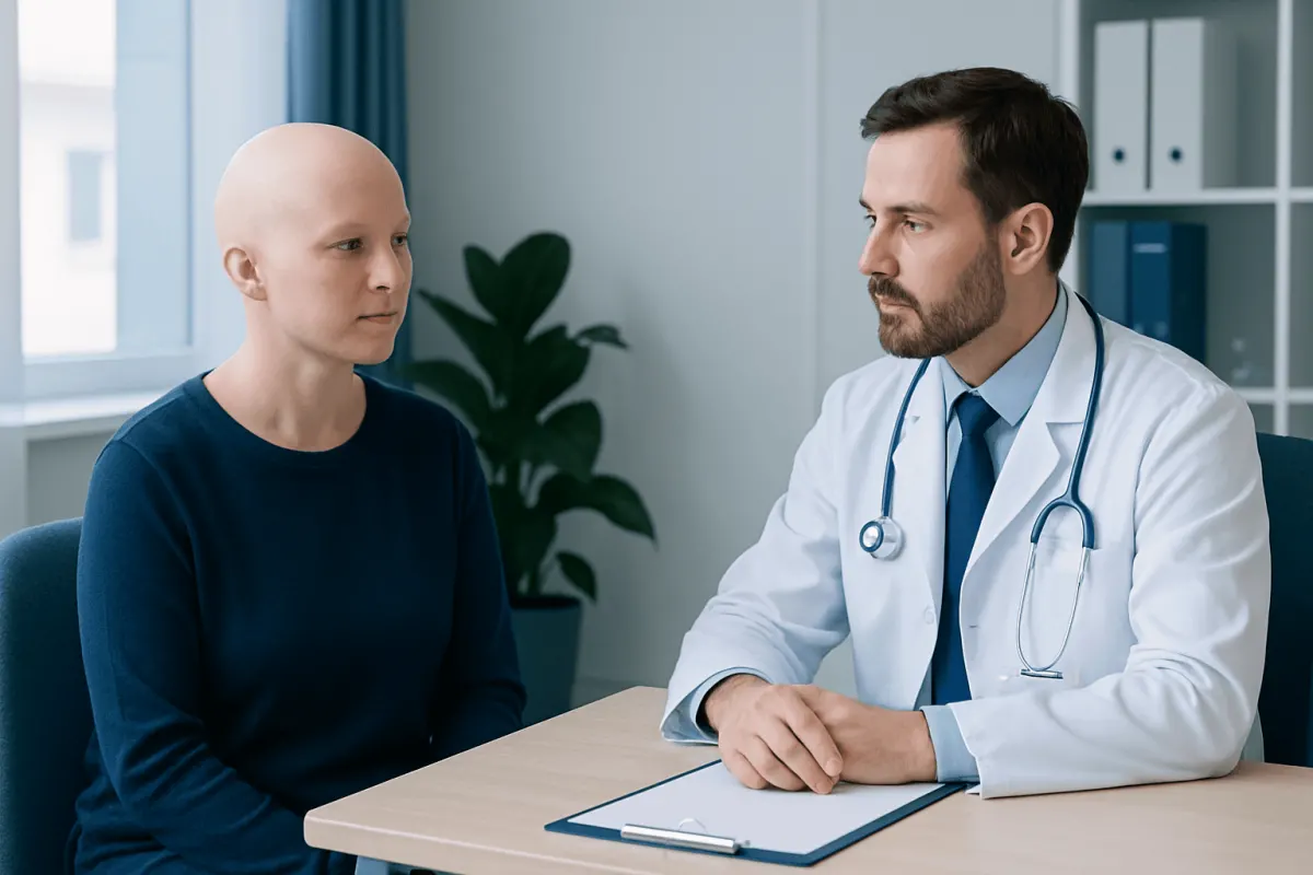 Doctor consulting with a patient about alopecia universalis treatment options.
