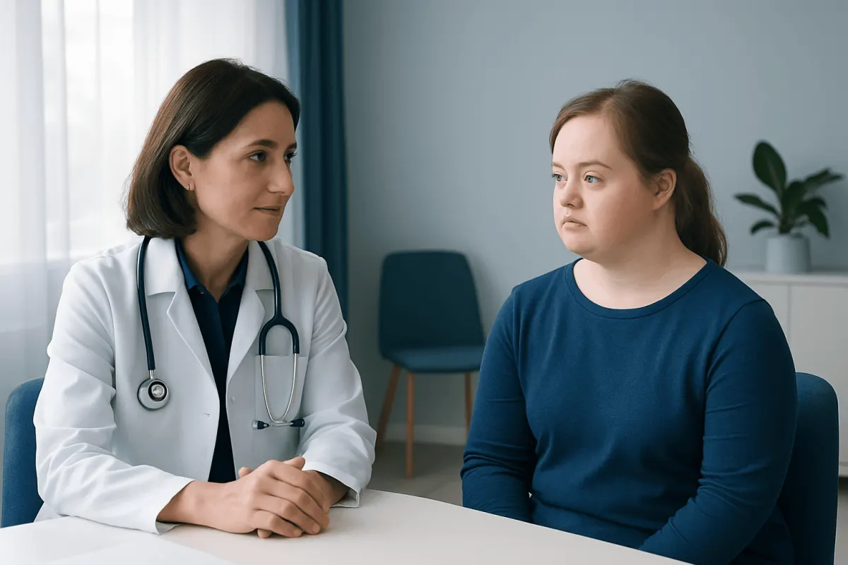 Doctor consulting with a young female patient in a medical office.