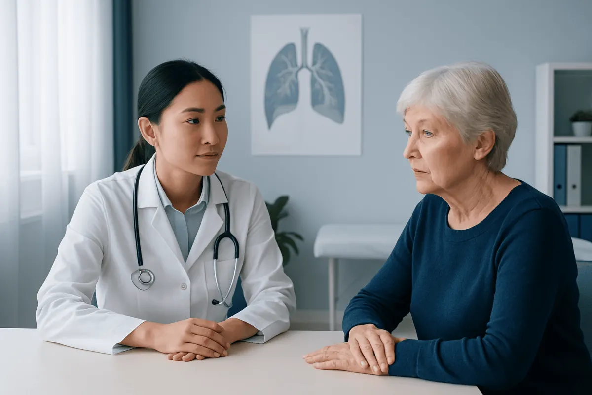 Doctor consulting elderly patient in a medical office with lung diagram in background.
