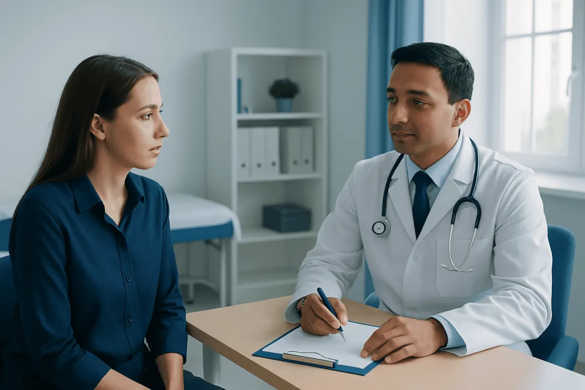 Doctor consulting with a female patient in a medical office.