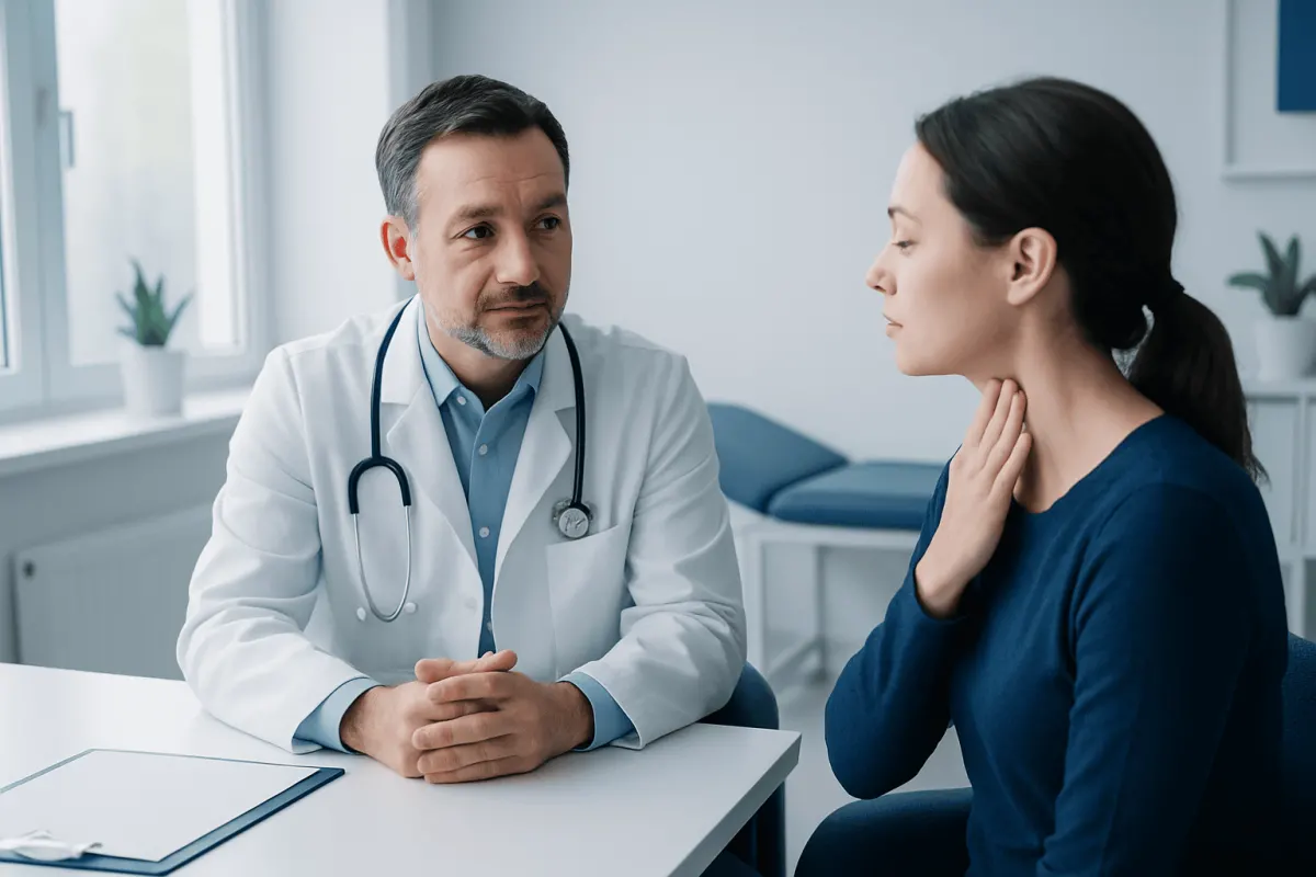 Doctor consulting with a female patient in a medical office.