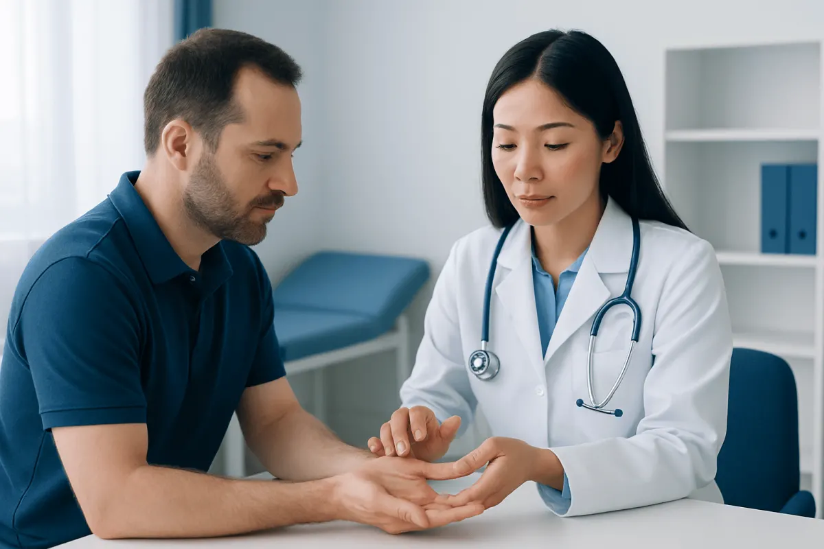 Doctor examining patient's hand in a medical consultation room.