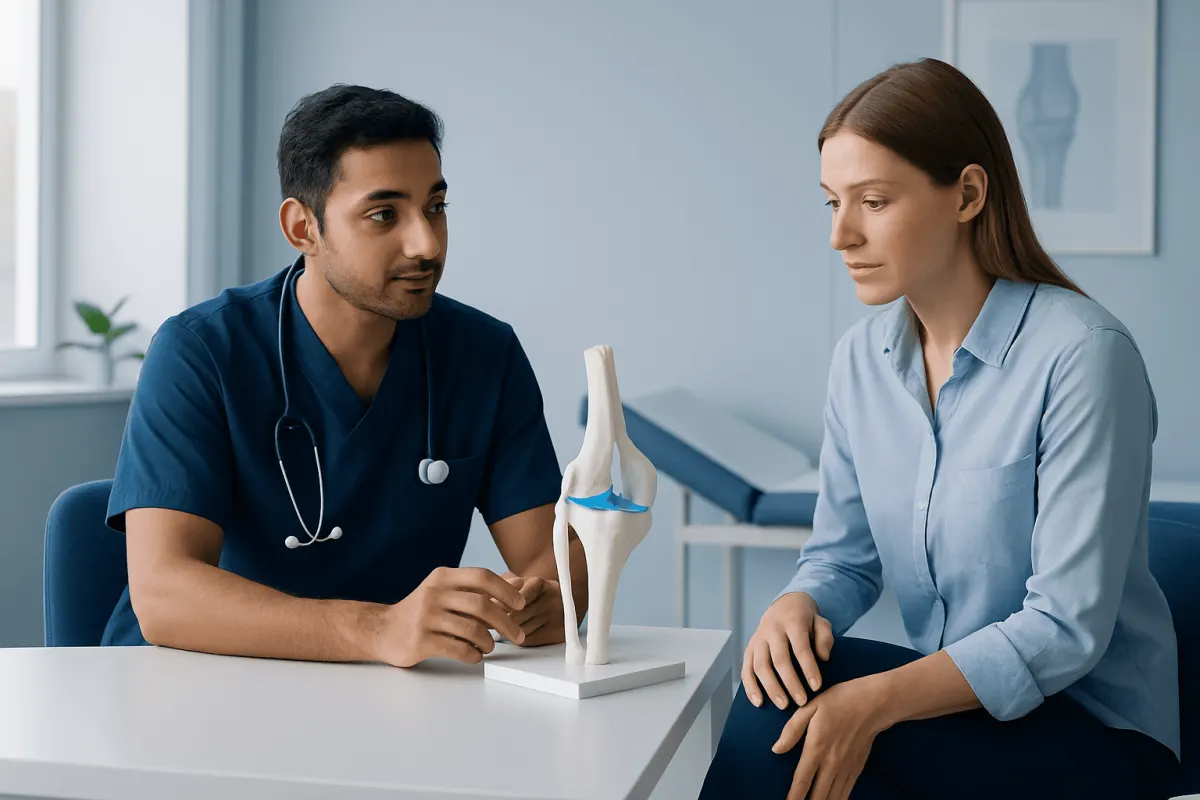 Doctor explaining knee anatomy to patient with knee model in clinic.