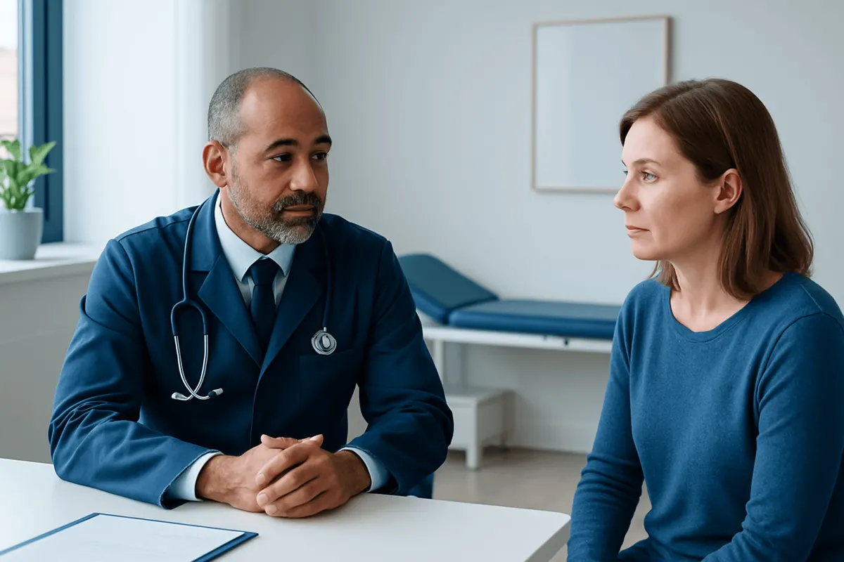 Doctor consulting with a female patient in a medical office setting.