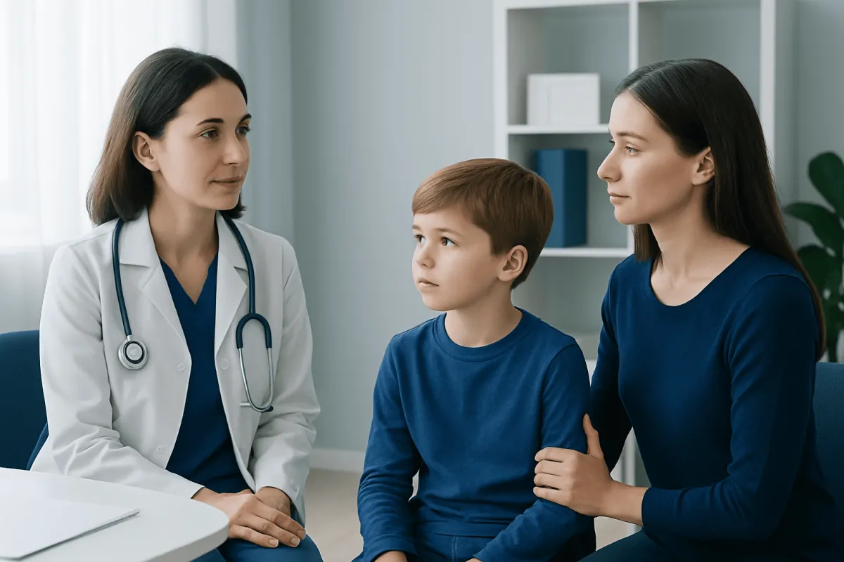 Doctor consulting with a young boy and his mother in a medical office.