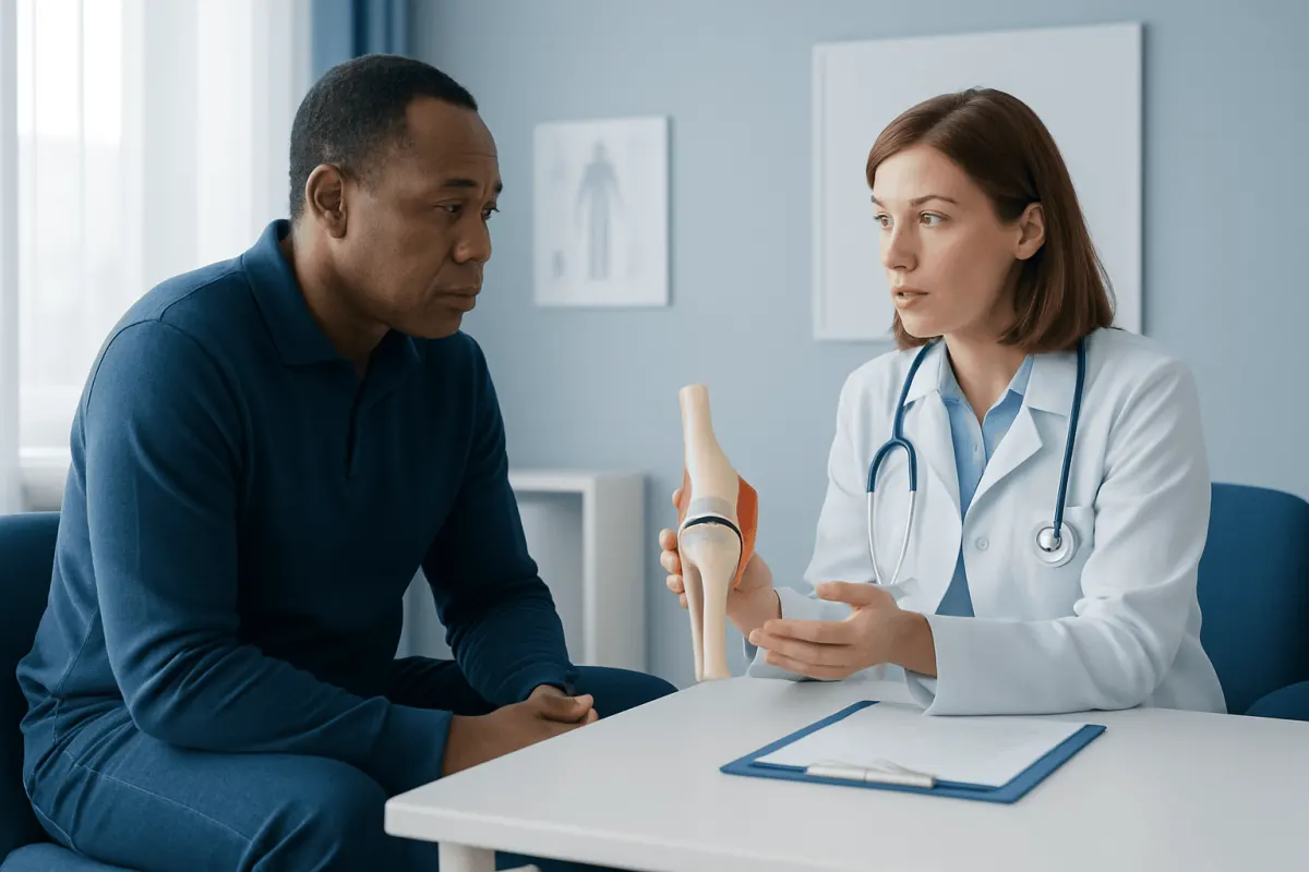 Doctor explaining knee anatomy to patient in consultation room.