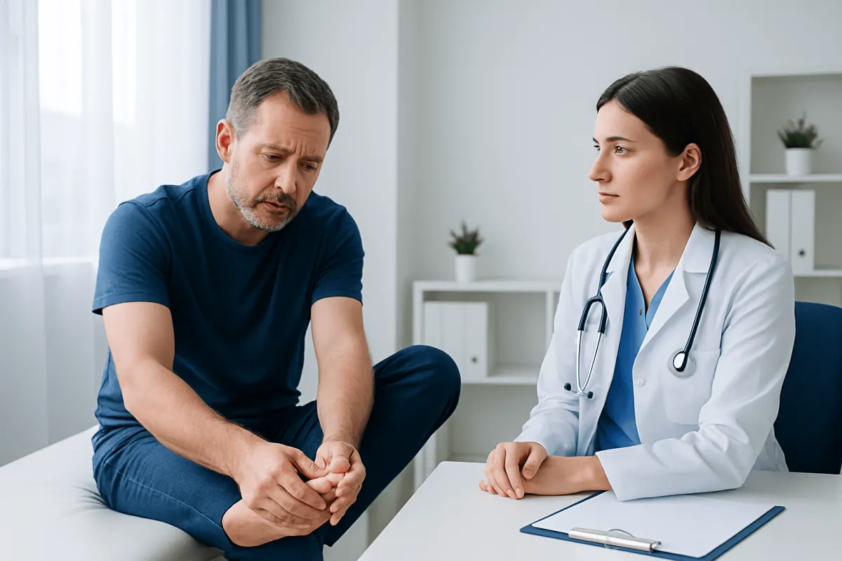 Doctor consulting with patient about toe nail bed pain in clinic.