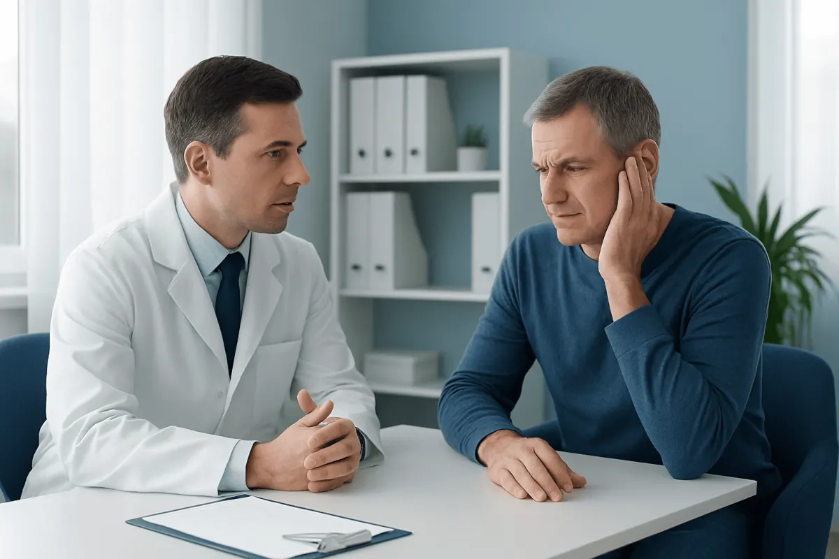 Doctor consulting patient about hearing loss in one ear in a clinical setting.