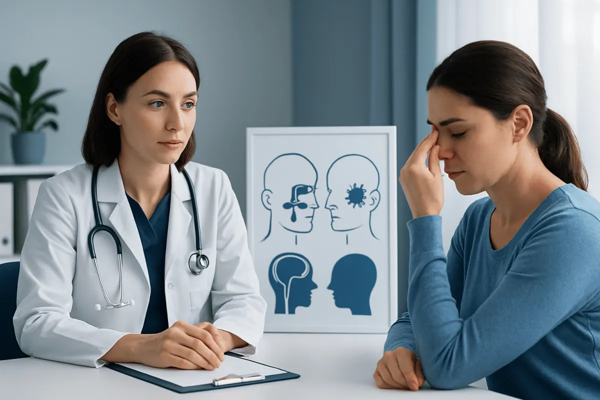 Doctor consulting patient with sinus diagram in background.
