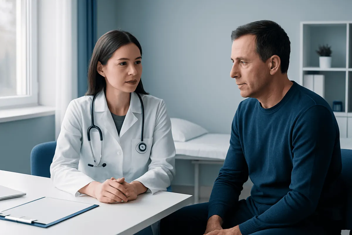 Doctor consulting with male patient in a medical office.