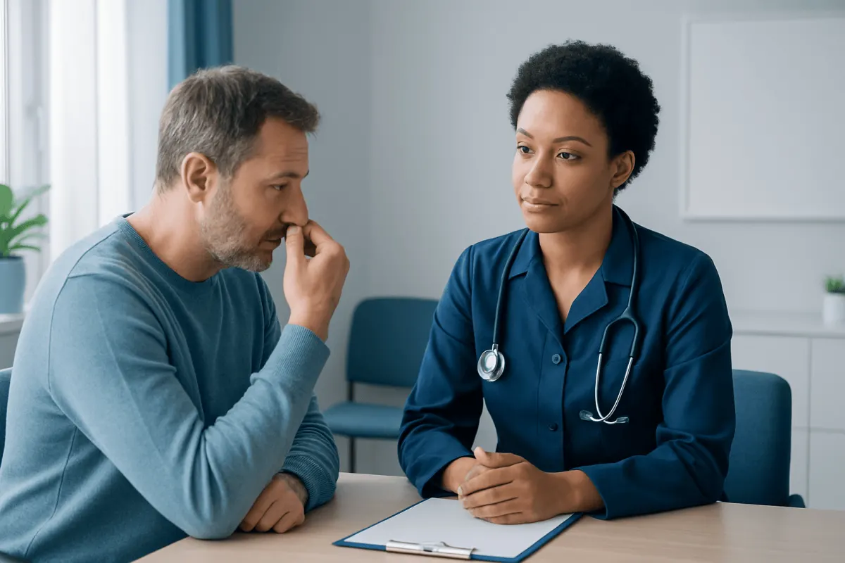 Patient consulting with a healthcare professional about nose bleeding.