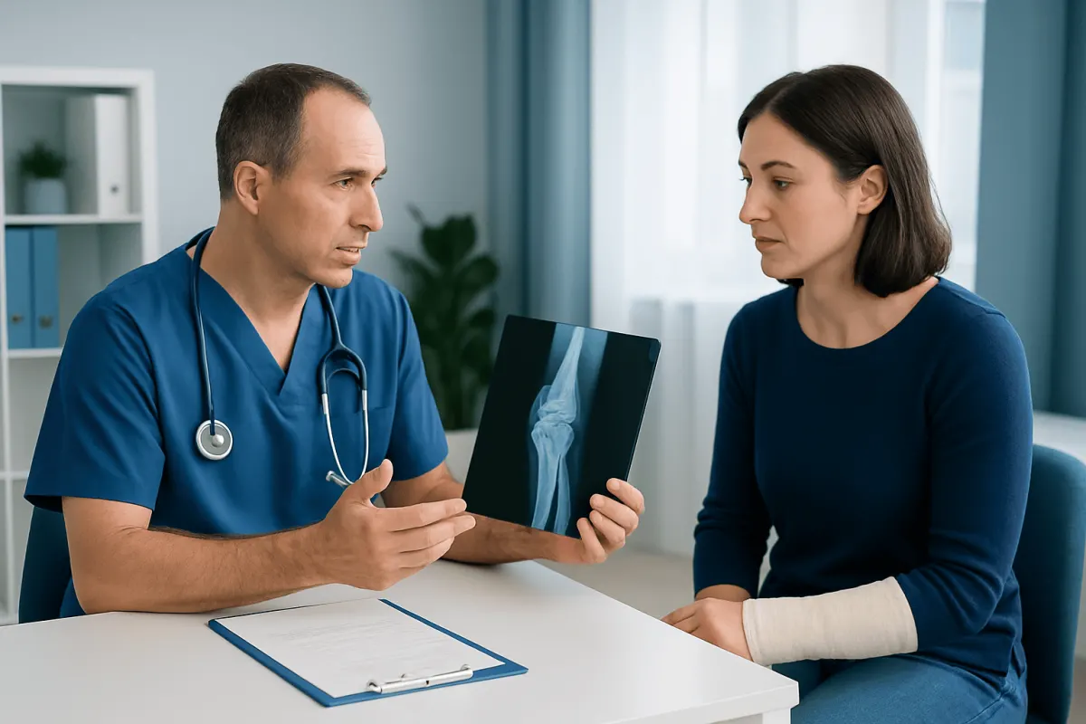 Doctor explaining wrist X-ray to patient with wrist injury in clinic.