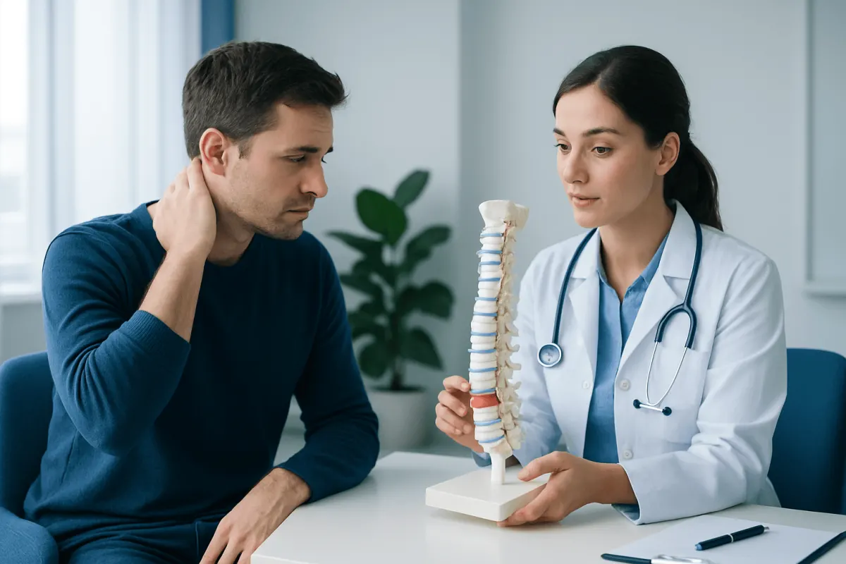 Doctor explaining cervical spine model to patient for disc prolapse in the neck.