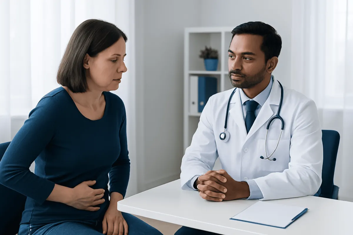 Doctor consulting with a woman patient about health concerns in a clinic.