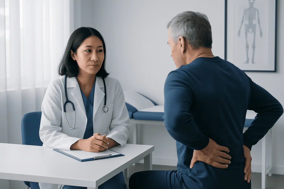 Doctor consulting with a patient about back pain in a medical office.