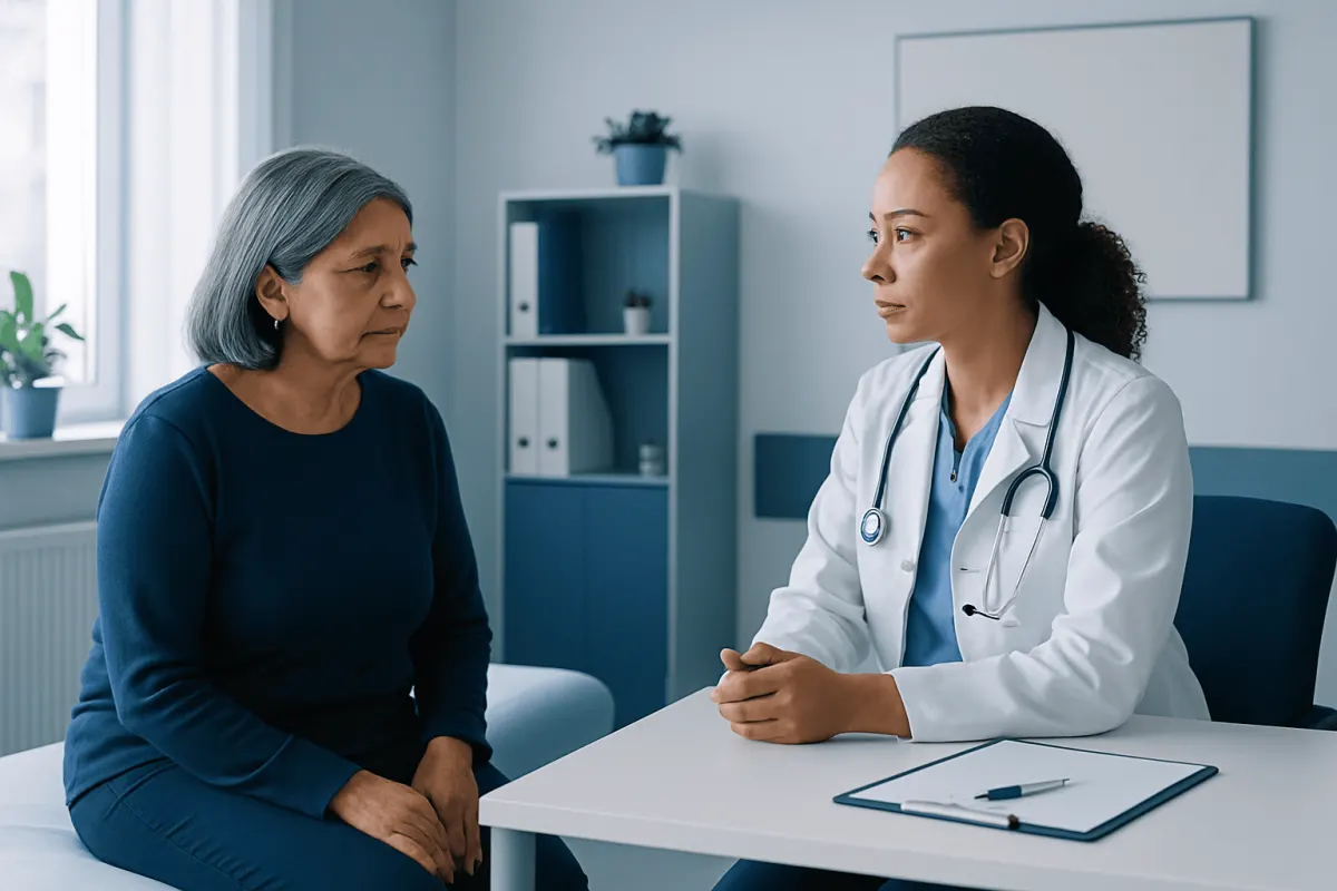 Doctor consulting with an elderly female patient in a medical office.