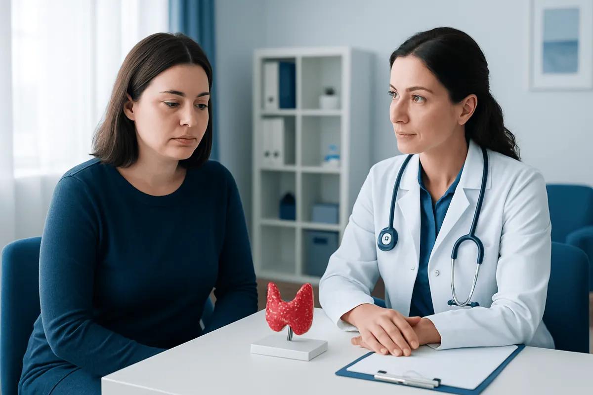 Doctor discussing thyroid health with patient in a clinic setting.