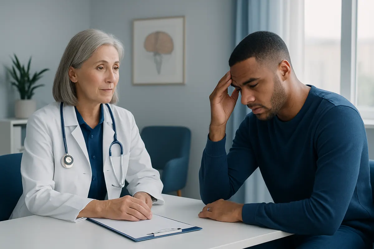 Doctor consulting with a young male patient about neurological symptoms.