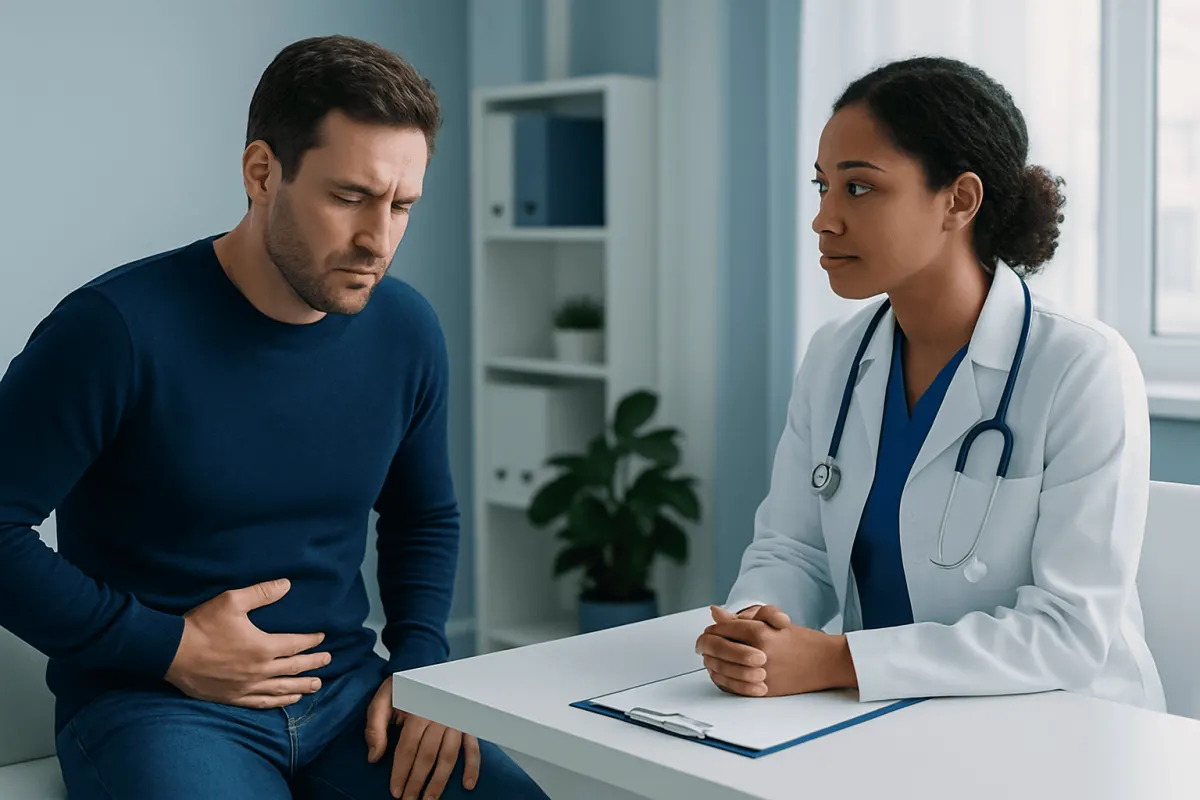 Male patient experiencing pelvic pain during consultation with doctor.