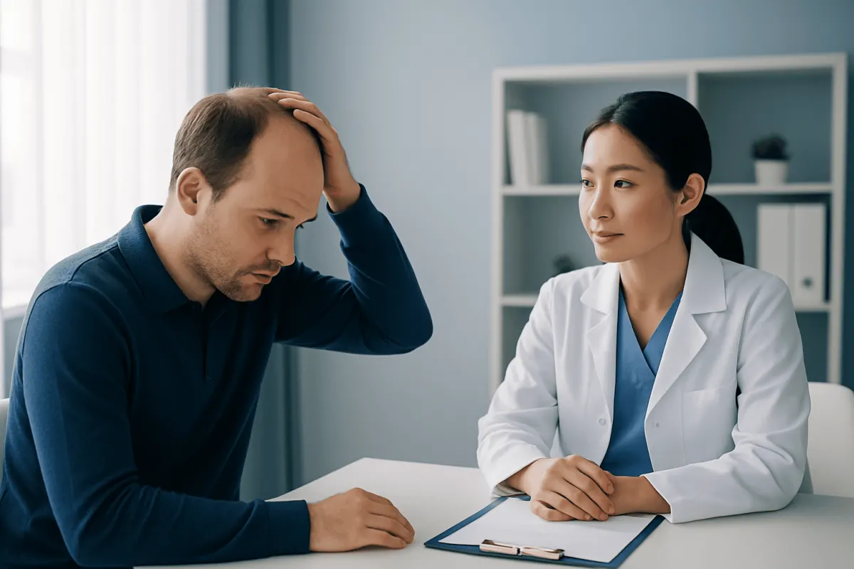 Patient consulting doctor about hair loss treatment options at Acibadem Hospital.