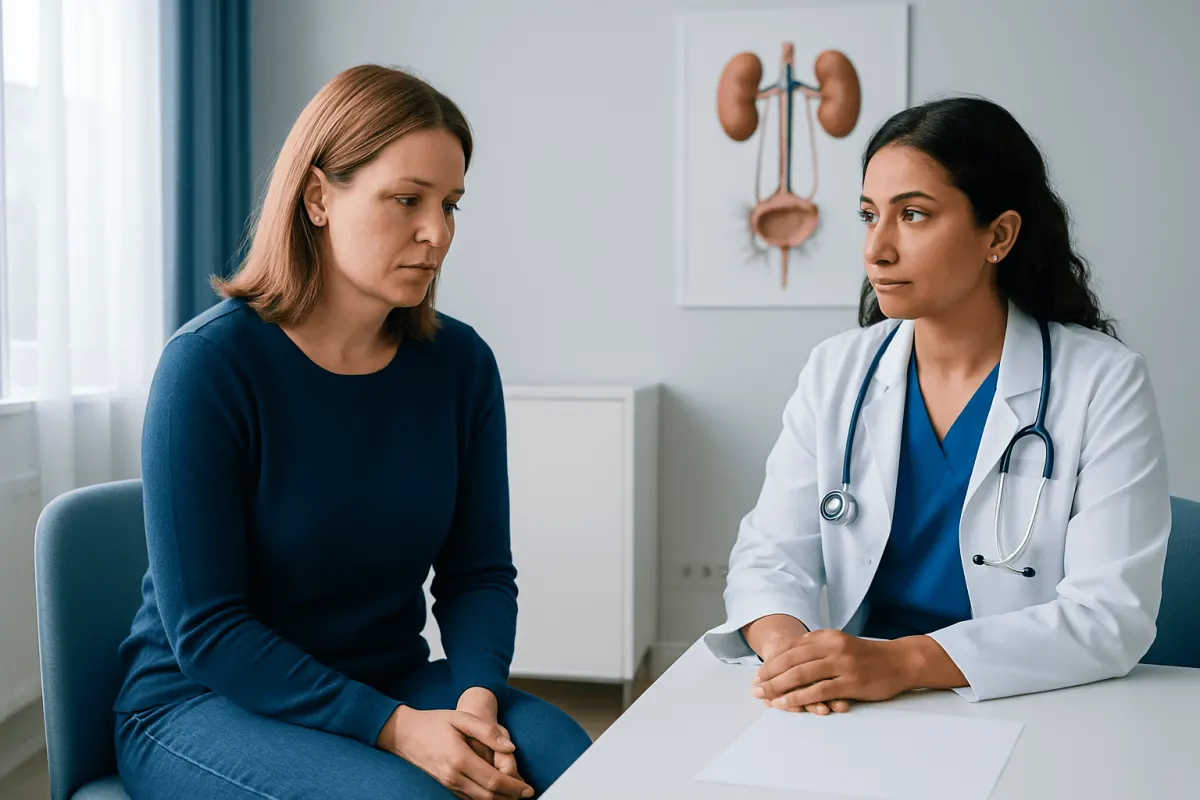 Doctor consulting with a woman patient about urinary health issues.
