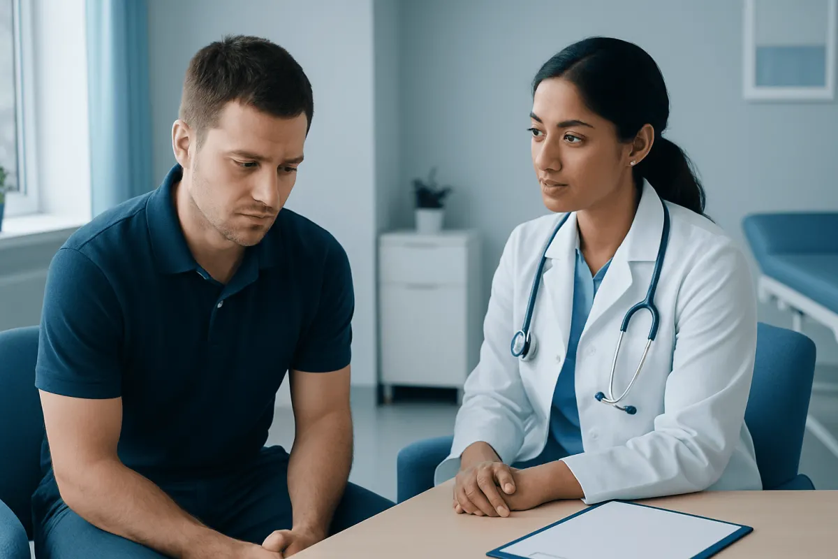 Doctor consulting with male patient in a medical office setting.