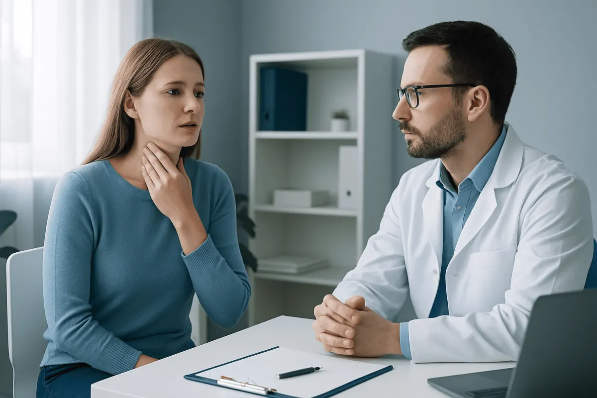 Doctor consulting with a woman patient about thyroid health symptoms.