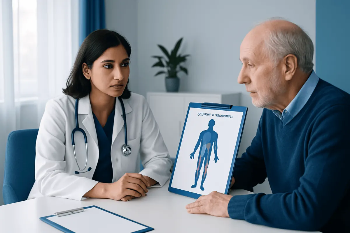 Doctor explaining lymphatic system to patient in a consultation room.
