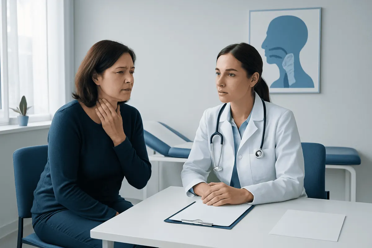 Doctor consulting with a patient about throat tumor diagnosis and treatment options.